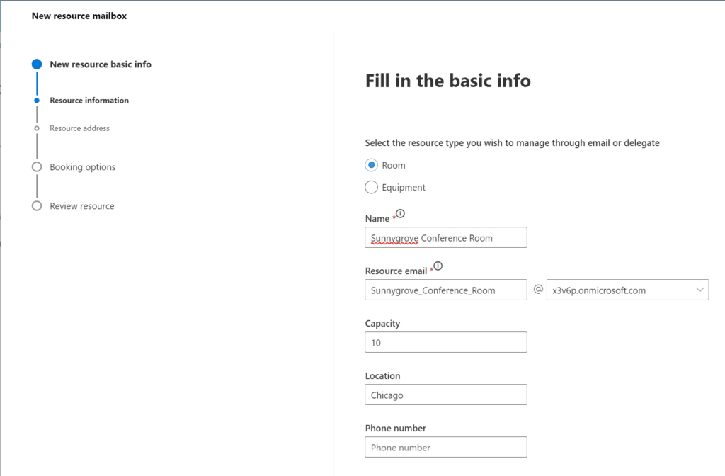 Adding the 'Sunnygrove Conference Room' using the Exchange Admin Center